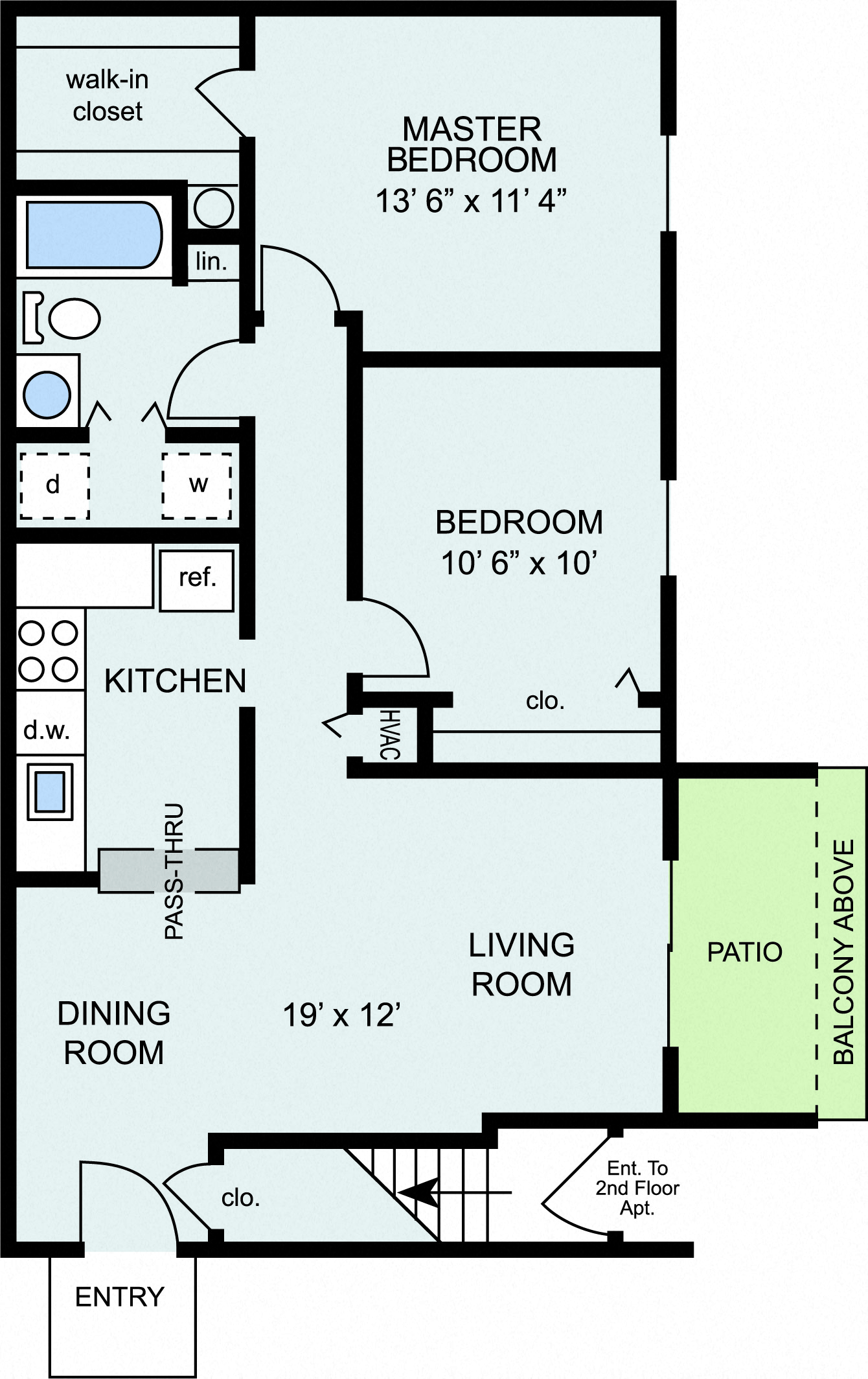 Floor plan for 2 beds, 1 bath, 852 sqft